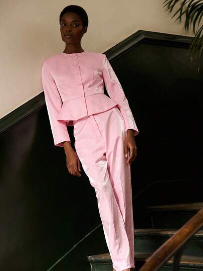 lacRébo Pink Satin Long Sleeve Tailored Button Front Blazer With Fitted Peplum Waist Chic Vintage Style Party Outfits Autumn Winter Night Out Office Business Casual Outfits Premium Outfits Pink Suits Christmas New Year Party Outfits