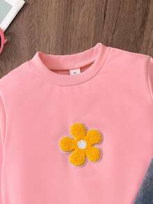 SHEIN 2 件女童 3D 花卉白色运动衫 + 蓝色花卉装饰喇叭牛仔裤秋冬装 - 粉色 - 查看 5
