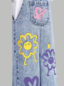 SHEIN ChillGRL 女童新款花卉、心形、彩虹涂鸦时尚休闲舒适柔软牛仔连体裤