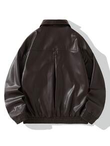 Manfinity Hypemode 男士纯色长袖拉链休闲夹克，棕色，街头风，秋冬款 - 咖啡棕 - 查看 2