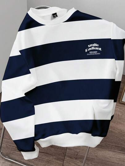 Manfinity Joysei 大码男式撞色条纹圆领长袖套头衫