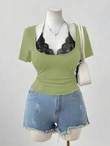 Sweetra Sexy Solid Color Lace Patchwork Slim Fit Bodycon T-Shirt