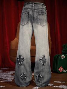 PAVTROS Jeans da uomo a gamba dritta con toppe ricamata, jeans messicani, Natale - Grigio Chiaro - Visualizzare 3