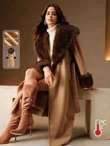 Anewsta Áo khoác dài dáng rộng thoải mái cho nữ, cổ lông giả, áo khoác ngoài mùa đông - Lạc đà - Xem 3