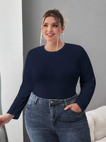 SHEIN CURVE+ 加大码女式纯色圆领休闲修身长袖 T 恤 3 件套装，适合春秋冬 - 彩色 - 查看 3