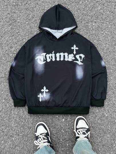 SHEIN Teen Boy Casual Street Style Cross & Letter Graphic Pullover Sweatshirt, Versatile All-Match Sweatshirt Suitable For Home, Commute, School, Daily Casual, Vacation, Outdoor, Party, Autumn/Winter