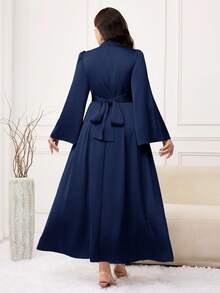 Modelyn Plus Size Elegant Solid Color Bell Sleeve Dress, Suitable For Party - Navy Blue - View 2