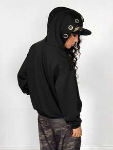 StreetHx Women's Oversized Casual Streetwear Punk Rock Y2K Sweatshirt With Black, Silver Metal Ring Hollow Eyelet Decor, Versatile College Style