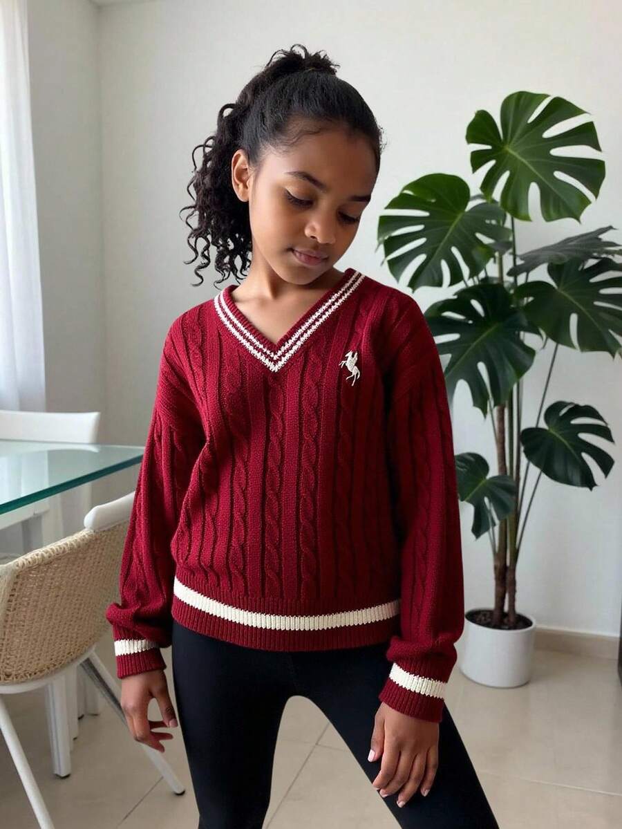 SHEIN Tween Girl Simple Solid V-Neck Long Sleeve Sweater, Casual Daily Wear, Autumn/Winter Long Sleeve Top, Collegiate V-Neck Long Sleeve Sweater, Embroidered Sweater Red Sweater Kids Tween Matching Set Knit Uniform Girl Sweaters Tween Girls Sweater Girl Maroon Outfits