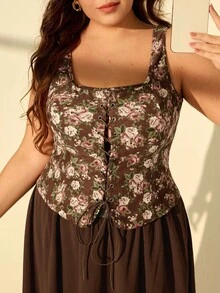 SHEIN MOD Áo crop top buộc dây họa tiết hoa cổ điển cỡ lớn. Halloween, phong cách cổ điển, thập niên 70. phong cách du mục - Nhiều màu - Xem 10