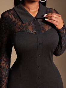 SHEIN SXY Abito midi nero da donna con colletto a camicia, decorazione con bottoni e inserti in pizzo, maniche lunghe, adatto per l'autunno/inverno, taglie comode - nero - Visualizzare 1