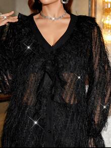 SHEIN LUNE Plus Size Shiny Black Sheer Vacation Ruffle Trim Blouse Winter Clothes For Women Cozy Fall And Winter Clothes For Women Christmas Clothes Christmas Outfit For Women New Year Clothes New Year Outfit Thanksgiving Outfit For Women Party Outfit Sequin Tops Sparkly Tee Sequin Tops For Women Luxury Evening Tops For Women Elegant Tops Party Tops