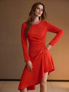 MOTF PREMIUM 女式不对称下摆水钻细节连衣裙，秋冬