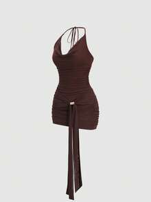 Sweetra Y2K Sexy Ruched Metallic Button Collar Dress - Coffee - View 6