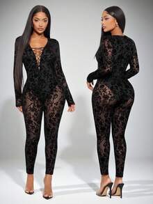 Radiana 性感黑色复古宫廷风花卉植绒透视网眼紧身衣，哥特式修身长袖连体裤，适合秋冬季派对、聚会、夜总会、万圣节、狂欢节 - 黑色 - 查看 6