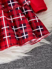 2pcs Girls Elegant Red Collar Puff Sleeve T-Shirt & Plaid Skirt Set - Red - View 5