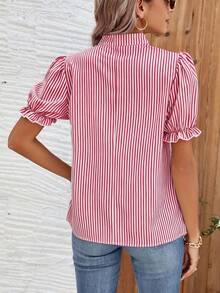 Calvaya Women Leisure Striped Print Notched Collar Bubble Sleeve Shirt For Summer - Burgundy - View 2