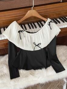 SHEIN Women's Elegant Color Block Bow Decor Long Sleeve Top, Autumn, Christmas - Black and White - View 5