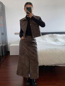 DAZY 女士休闲纯色PU领背心和半裙两件套，秋季 - 咖啡棕 - 查看 3