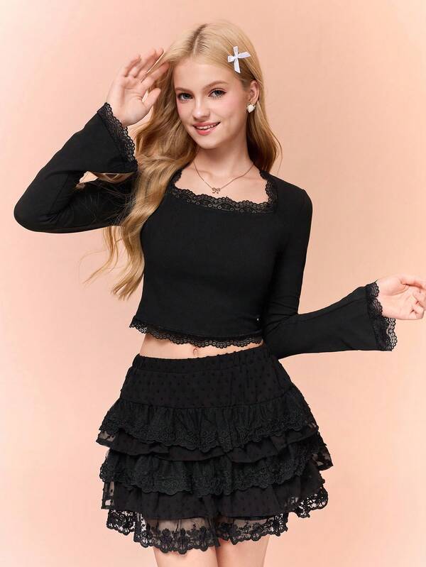 Teen Girl Casual Elegant Long Sleeve Lace Trim T-Shirt, Autumn/Winter