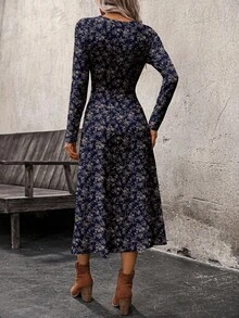 EMERY ROSE Women's Casual Vacation Style Full Floral Print Waist Cinched Long Dress, Spring/Autumn - Navy Blue - View 2