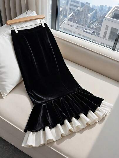 Selianne 女士拼色美人鱼下摆优雅中长裙