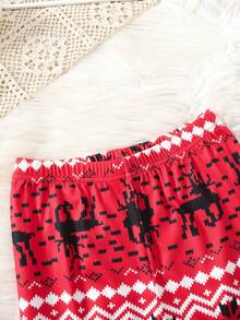 SHEIN 少女休闲针织圆领长袖家居服套装 - 紅色 - 查看 5