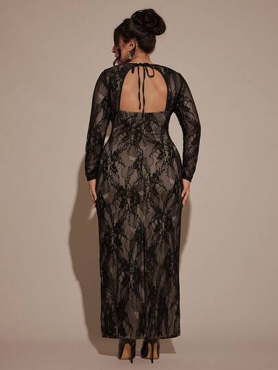 SHEIN BAE Plus Size Women's Solid Black Elegant Fitted Long Sleeve Lace Dress, Black Lace Sexy Sheer Splice Ruched Women's Long Sleeve Lace Dress, Going Out Dress, Black Lace Dress,Winter Clothes For Women, Summer,Cozy Fall And Winter Clothes For Women,Cocktail Dress,Valentine's Day,Valentine Outfits For Women
