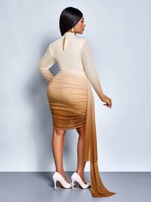SOLERSUN Plus Size Women's Beige Elegant Curve Cocktail Wedding Guest Autumn Dress,Stand Collar Long Sleeve Gradient Mesh Print Slim Fit Pleated Short Dress - Apricot - View 2