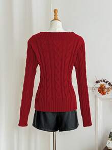 Sweetra 女式简约甜美棕色 V 领粗针织长袖套头衫，秋冬 - 紅色 - 查看 2