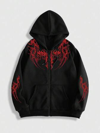 Goth Sweat-shirt à capuche zippé à manches longues avec imprimé graphique casual pour hommes, automne