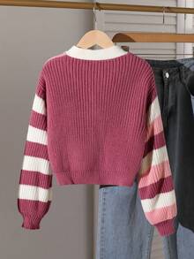 Mädchen-Strickjacke mit Farbblock-Streifen, kurz und minimalistisch, süß und cool, bunter Button-Down-Pullover, Strickjacke mit Streifenärmeln, kurze Strickjacke für Teenager, süße College-Strickjacke