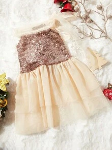 PETSIN 1pc Pet Cat/Dog Christmas Gold Sequin Mesh Panel Tie-Up Neck Dress - 香檳色 - 查看 11