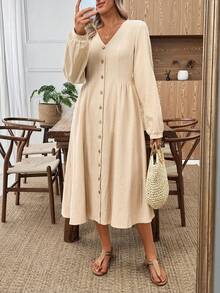 EMERY ROSE Women's Solid Color V-Neck Long Sleeve Single-Breasted Casual Mid-Length Dress Women Dresses Autumn Winter  One-Piece Dress Ladies Autumn Winter Cozy Fall And Winter Clothes For Women  New Year Dress - White - View 2