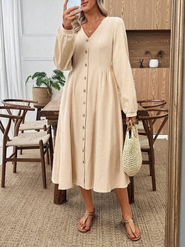Women's Solid Color V-Neck Long Sleeve Single-Breasted Casual Mid-Length Dress Women Dresses Autumn Winter  One-Piece Dress Ladies Autumn Winter Cozy Fall And Winter Clothes For Women  New Year Dress