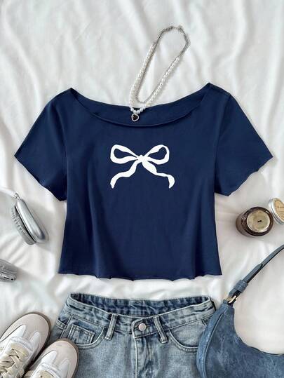 SHEIN Sweet & Cool Mini Bow Print, Ballerina Style, Tween Girls Casual Street Fashion Retro Collegiate Asymmetric Neck Loose Personalized Drop Shoulder Short Sleeve Comfortable Cotton Solid Color T-Shirt