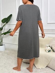 Plus Size Simple And Elegant Deep Grey Midi Length Pajama Night Dress With Bowknot Embellishment