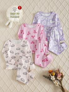 6pcs Multi-Pack Snug Fit Heart&Bow&Eyeslash Pajamas Set For Baby Girls, Long Sleeve Top And Leggings Girl Pajamas,  Cute Pattern Design, Soft & Comfortable Fabric, Suitable For Children Loungewear ,Suitable For Fall&Winter Comfortable And Soft - Multicolor - View 3