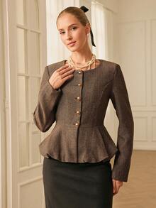 Aveloria Rosie 人字纹圆领长袖通勤时尚西装外套 - 棕色 - 查看 2