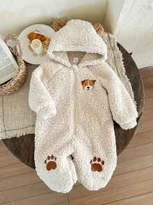 LMoss Kids 男婴针织刺绣毛绒连帽休闲连体睡衣 - 米色 - 查看 4