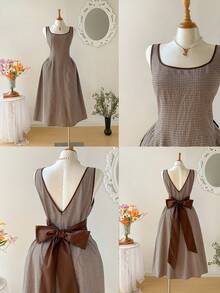 SHEIN MOD Vestido midi de talla grande con diseño de lazo y cuello en V, estampado de cuadros marrones vintage, estilo "Old Money", estética preppy, inspirado en los 70, dulce y lindo, perfecto para la escuela, ir al trabajo, fiestas y citas - Marrón - Ver 9