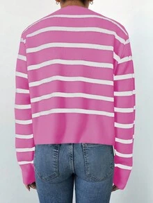 EURMUSE Women Spring/Autumn Casual Colorblock Striped Cardigan - Pink - View 2