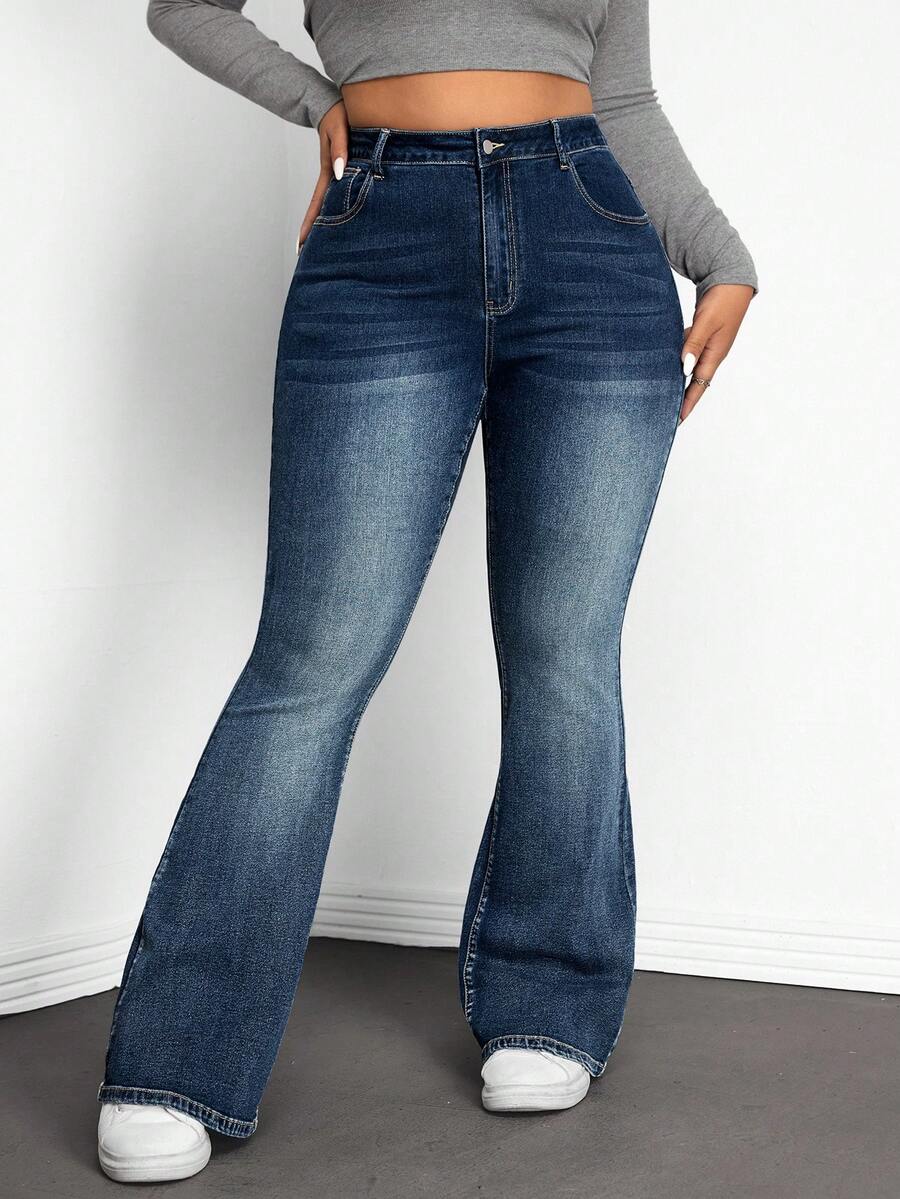 SHEIN CURVE+ Jeans évasés taille haute pour femmes grandes tailles - Jean brut - Voir 1