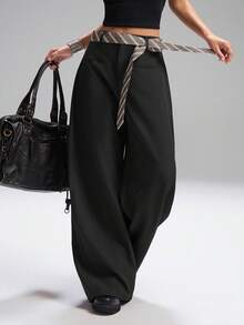 SHEIN EZwear 秋冬大码时尚通勤纯色弧形腿西装裤女宽松裤子 - 黑色 - 查看 5