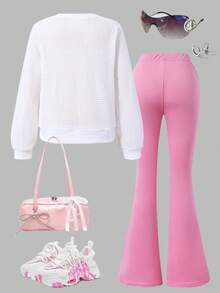 SHEIN Tween Girls' Pink Autumn Cute School Colorblock Bowknot Hollow Textured Sweatshirt & Slim Flare Pants 2 Piece Set,Sweet&Casual,Suitable For Outings - White - View 2
