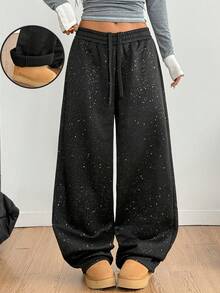 Coolane 女式秋冬复古演唱会狂欢节夜间外出闪亮亮片黑色直筒裤 - 黑色 - 查看 2