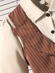 SHEIN 2 件套青少年女孩套装，翻领无袖夹克背心 + 翻领长袖开衫衬衫连衣裙，秋季休闲通勤连衣裙 - 杏色 - 查看 5