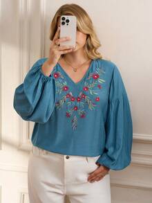 Rosumi Plus Size V-Neck Dropped Shoulder Lantern Sleeve Elegant Embroidered Blouse, Autumn/Winter,2025 New - Teal Blue - View 1