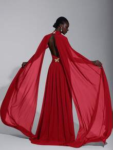 Elitara Elegant Luxurious Dark Coffee Chiffon Handmade Metal Butterfly Decor Stand Collar Flare Sleeve Sexy Open Back Women's Formal Evening Gown - Red - View 3