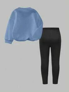 SHEIN 2 件套女童花卉蝴蝶结樱花图案圆领运动衫和运动裤套装，秋冬 - 彩色 - 查看 2